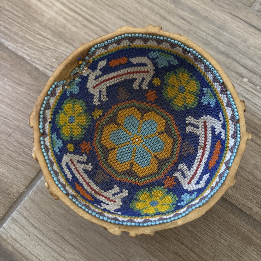 5” Huichol Beaded Gourd Bowl Wixárika Mexican Folk Art Animals Flowers